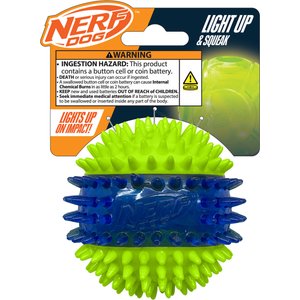 Nerf Dog Translucent TPR 3-Part Spike LED & Squeak Dog Ball Toy, Blue/Green, 2.7-in