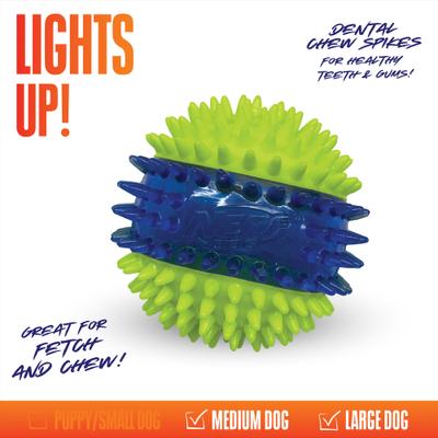 Show full view: Nerf Dog Translucent TPR 3-Part Spike LED & Squeak Dog Ball Toy, Blue/Green, 2.7-in slide 4 of 6
