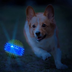 Nerf Dog Translucent TPR 3-Part Spike LED & Squeak Dog Ball Toy, Blue/Green, 2.7-in