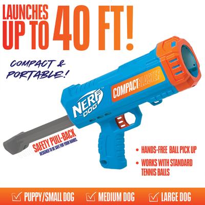 Show full view: Nerf Dog Gift Set Card Compact Blaster & 2.5-in Non-Squeak Tennis Ball Dog Launchers Toy, Light Blue/Orange/Gray/Yellow, 12-in, 2 count slide 3 of 6