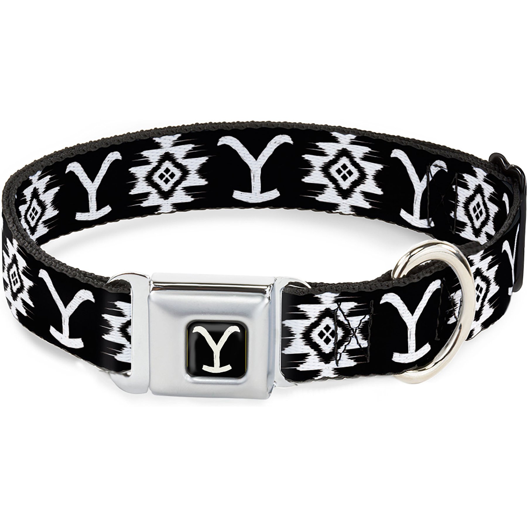 Buckle-Down Paramount Network Yellowstone Dutton Ranch & Native American Icons Metal Seatbelt Buckle Polyester Dog Collar, Black, Large: 15 to 24-in neck, 1-in wide