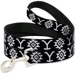 Buckle-Down Paramount Network Yellowstone Dutton Ranch & Native American Icons Black Polyester Dog Leash, Black, 4-ft long, 1/2-in wide