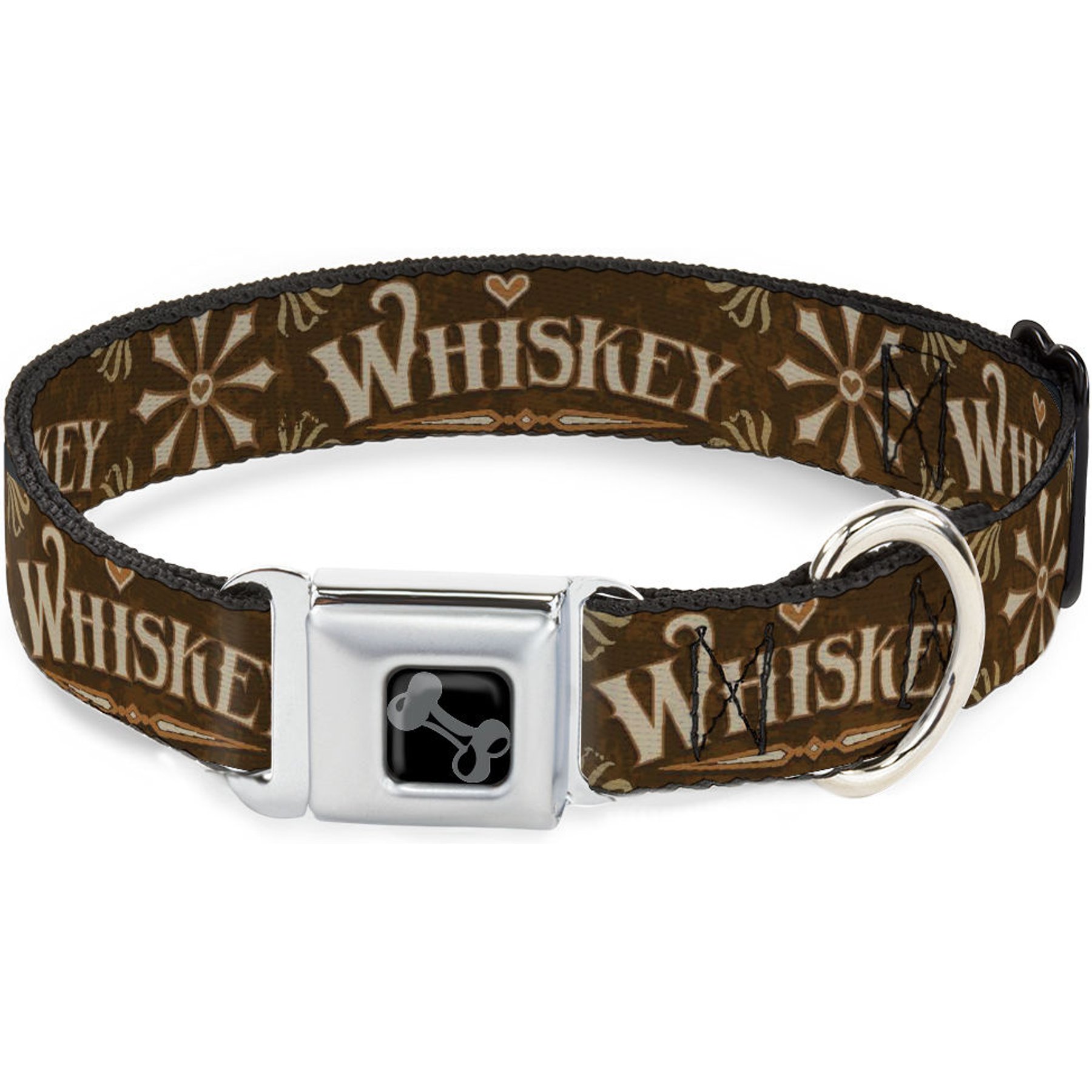 Buckle-Down Metal Seatbelt Buckle Western Whiskey Heart Repeat Polyester Dog Collar, Brown/Tan, Medium: 11 to 16.5-in neck, 1-in wide