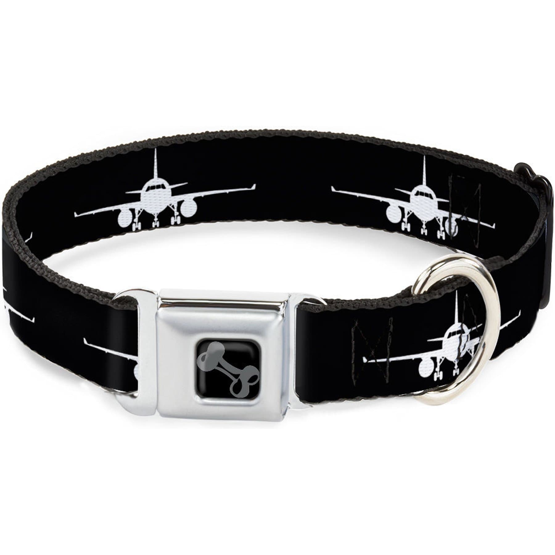 Buckle-Down Metal Seatbelt Buckle Airplane Silhouette Print Polyester Dog Collar, Black/White, Wide Medium: 16 to 23-in neck, 1.5-in wide