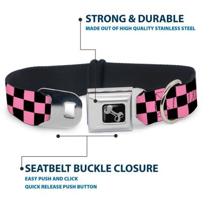 Show full view: Buckle-Down Metal Seatbelt Buckle Checker Print Polyester Dog Collar, Black/Baby Pink, Medium: 11 to 16.5-in neck, 1-in wide slide 4 of 9