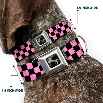 Show full view: Buckle-Down Metal Seatbelt Buckle Checker Print Polyester Dog Collar, Black/Baby Pink, Medium: 11 to 16.5-in neck, 1-in wide slide 2 of 9