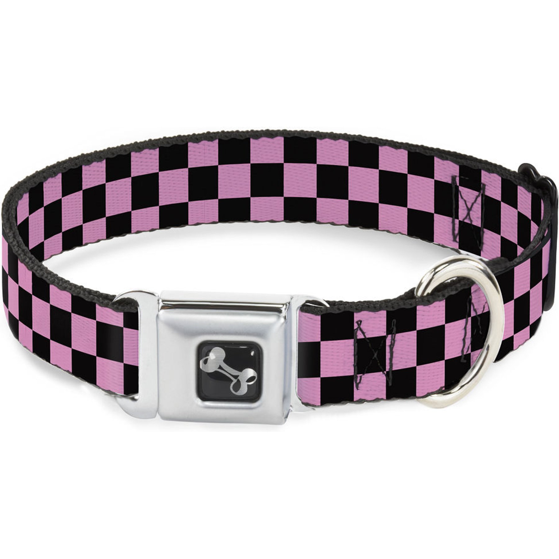 Buckle-Down Metal Seatbelt Buckle Checker Print Polyester Dog Collar, Black/Baby Pink, Large: 15 to 24-in neck, 1-in wide