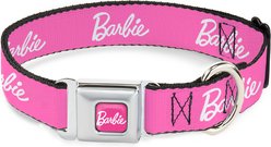 Buckle-Down Mattel Barbie Script Signature Logo Metal Seatbelt Buckle Polyester Dog Collar, Pink/White, Large: 15 to 24-in neck, 1-in wide slide 1 of 9