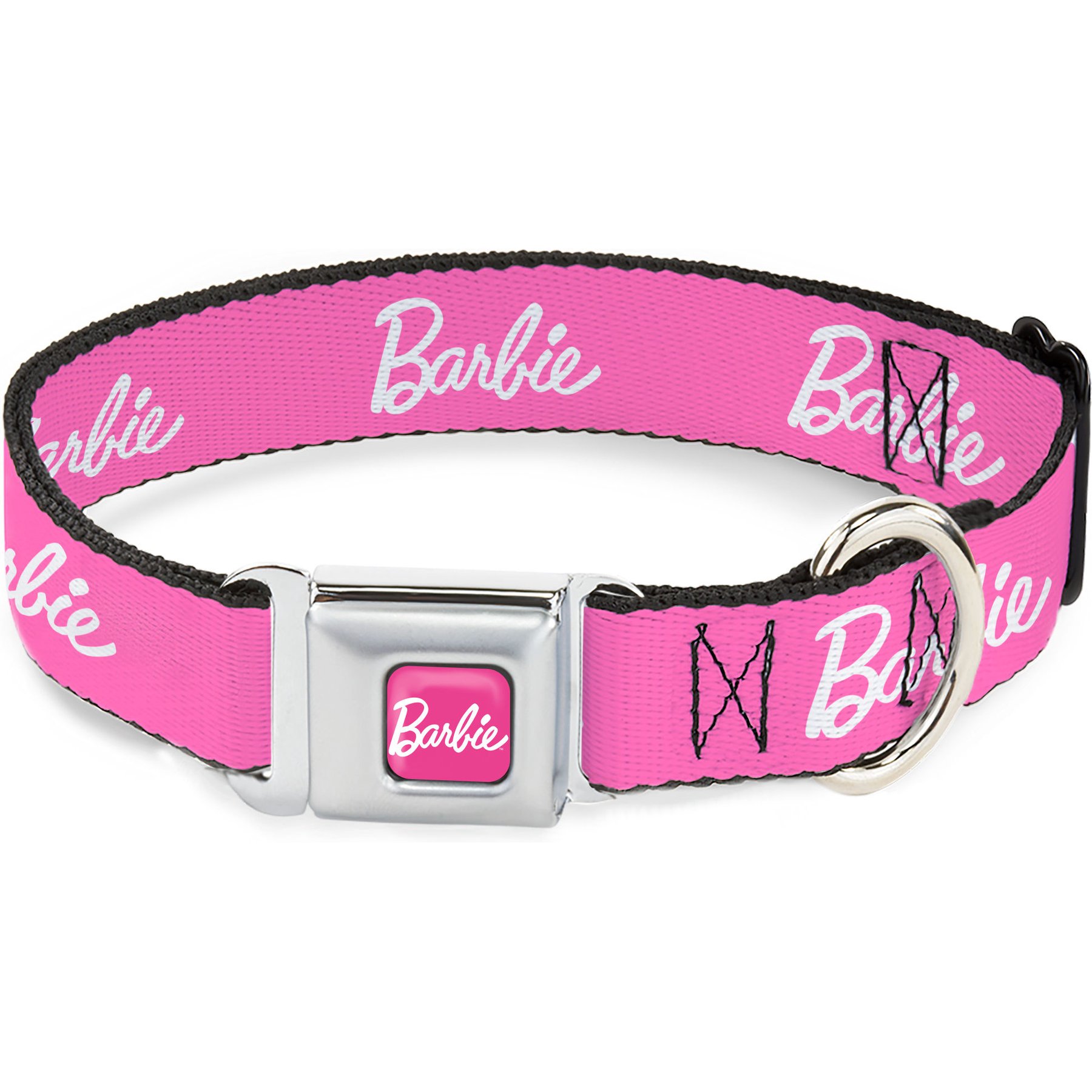 Buckle-Down Mattel Barbie Script Signature Logo Metal Seatbelt Buckle Polyester Dog Collar, Pink/White, Small: 9.5 to 13-in neck, 1-in wide