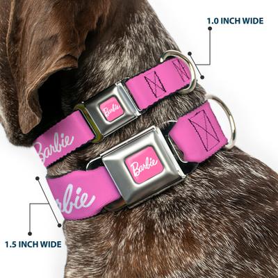 Show full view: Buckle-Down Mattel Barbie Script Signature Logo Metal Seatbelt Buckle Polyester Dog Collar, Pink/White, Large: 15 to 24-in neck, 1-in wide slide 2 of 9
