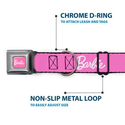 Show full view: Buckle-Down Mattel Barbie Script Signature Logo Metal Seatbelt Buckle Polyester Dog Collar, Pink/White, Large: 15 to 24-in neck, 1-in wide slide 5 of 9