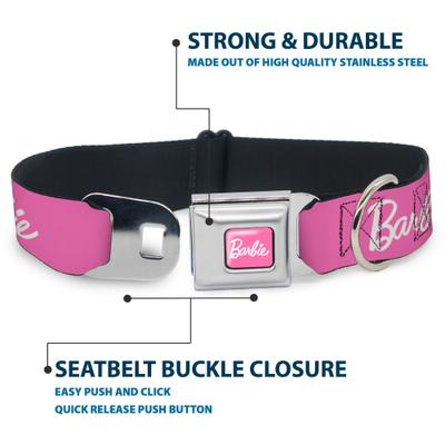 Show full view: Buckle-Down Mattel Barbie Script Signature Logo Metal Seatbelt Buckle Polyester Dog Collar, Pink/White, Large: 15 to 24-in neck, 1-in wide slide 4 of 9
