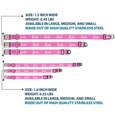 Show full view: Buckle-Down Mattel Barbie Script Signature Logo Metal Seatbelt Buckle Polyester Dog Collar, Pink/White, Large: 15 to 24-in neck, 1-in wide slide 3 of 9