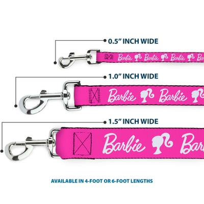 Show full view: Buckle-Down Mattel Barbie Script Signature Logo & Silhouette Polyester Dog Leash, Hot Pink/White, 6-ft long, 1/2-in wide slide 3 of 6