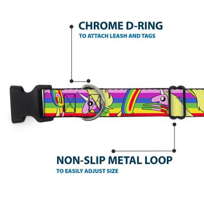 Show full view: Buckle-Down Cartoon Network Adventure Time Lady Raincorn Poses Stripe Rainbow Plastic Buckle Polyester Dog Collar, Medium: 11 to 16.5-in neck, 1-in wide slide 5 of 9