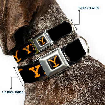 Show full view: Buckle-Down Paramount Network Yellowstone Text & Y Logo Metal Seatbelt Buckle Polyester Dog Collar, Weathered Black/Orange, Medium: 11 to 16.5-in neck, 1-in wide slide 2 of 9