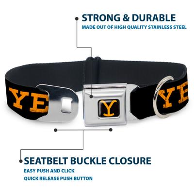 Show full view: Buckle-Down Paramount Network Yellowstone Text & Y Logo Metal Seatbelt Buckle Polyester Dog Collar, Weathered Black/Orange, Medium: 11 to 16.5-in neck, 1-in wide slide 4 of 9