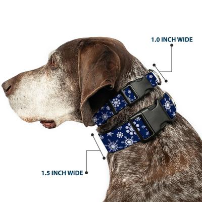 Show full view: Buckle-Down Plastic Buckle Snowflakes Print Polyester Dog Collar, Blue/White, Wide Small: 13 to 17-in neck, 1.5-in wide slide 2 of 10