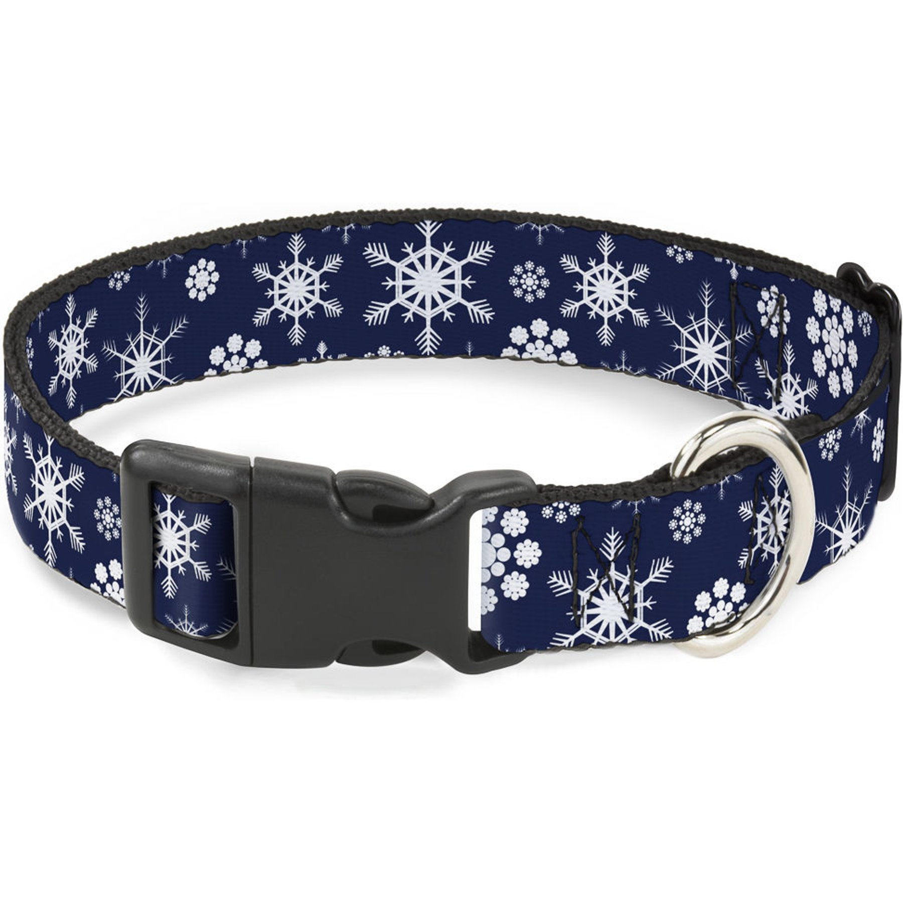 Buckle-Down Plastic Buckle Snowflakes Print Polyester Dog Collar, Blue/White, Narrow Large: 9.5 to 14.5-in neck, 1/2-in wide