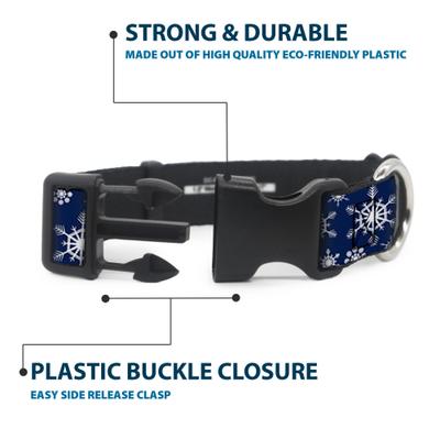 Show full view: Buckle-Down Plastic Buckle Snowflakes Print Polyester Dog Collar, Blue/White, Wide Small: 13 to 17-in neck, 1.5-in wide slide 4 of 10