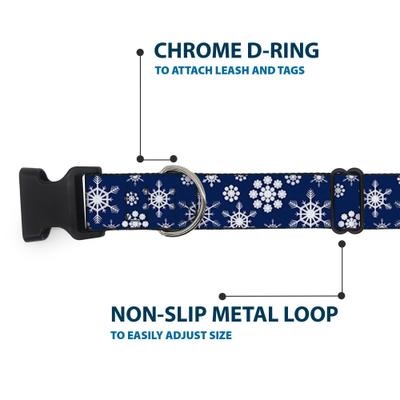 Show full view: Buckle-Down Plastic Buckle Snowflakes Print Polyester Dog Collar, Blue/White, Wide Small: 13 to 17-in neck, 1.5-in wide slide 5 of 10