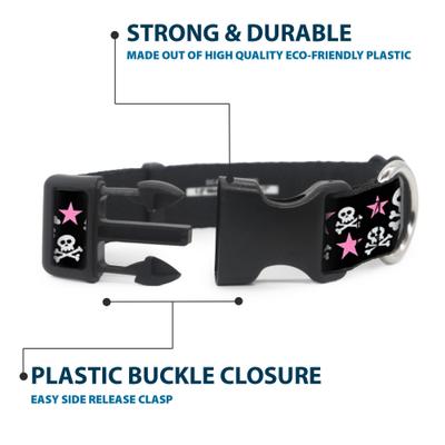 Show full view: Buckle-Down Plastic Buckle Skulls Stars Print Polyester Dog Collar, Black/White/Pink, Medium: 11 to 16.5-in neck, 1-in wide slide 4 of 9