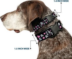 Buckle-Down Plastic Buckle Skulls Stars Print Polyester Dog Collar, Black/White/Pink, Medium: 11 to 16.5-in neck, 1-in wide slide 2 of 9