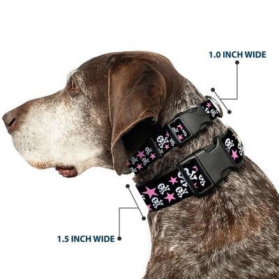 Show full view: Buckle-Down Plastic Buckle Skulls Stars Print Polyester Dog Collar, Black/White/Pink, Medium: 11 to 16.5-in neck, 1-in wide slide 2 of 9