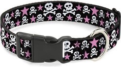 Buckle-Down Plastic Buckle Skulls Stars Print Polyester Dog Collar, Black/White/Pink, Medium: 11 to 16.5-in neck, 1-in wide