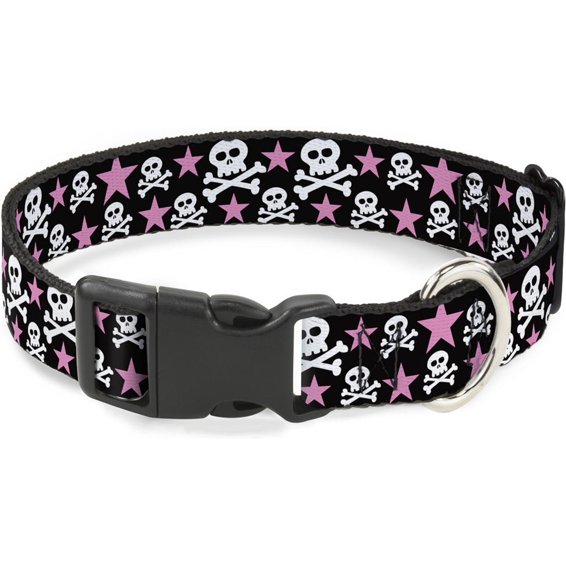 Buckle-Down Plastic Buckle Skulls Stars Print Polyester Dog Collar, Black/White/Pink, Narrow Medium: 8.5 to 12-in neck, 1/2-in wide