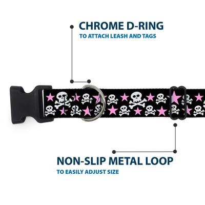 Show full view: Buckle-Down Plastic Buckle Skulls Stars Print Polyester Dog Collar, Black/White/Pink, Medium: 11 to 16.5-in neck, 1-in wide slide 5 of 9