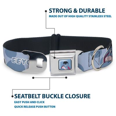 Show full view: Buckle-Down Disney Winnie the Pooh Eeyore Text & Expression Close Up Dot Metal Seatbelt Buckle Polyster Dog Collar, Blue, Small: 9.5 to 13-in neck, 1-in wide slide 4 of 9