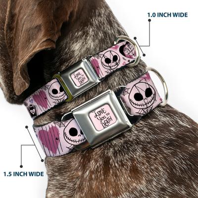 Show full view: Buckle-Down Disney The Nightmare Before Christmas Jack & Sally Doodles Metal Seatbelt Buckle Polyster Dog Collar, Pink, Medium: 11 to 16.5-in neck, 1-in wide slide 2 of 10