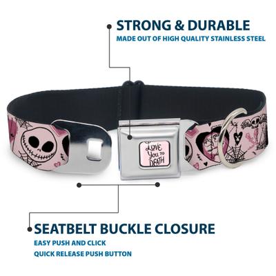Show full view: Buckle-Down Disney The Nightmare Before Christmas Jack & Sally Doodles Metal Seatbelt Buckle Polyster Dog Collar, Pink, Medium: 11 to 16.5-in neck, 1-in wide slide 4 of 10