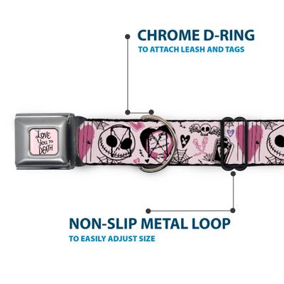 Show full view: Buckle-Down Disney The Nightmare Before Christmas Jack & Sally Doodles Metal Seatbelt Buckle Polyster Dog Collar, Pink, Medium: 11 to 16.5-in neck, 1-in wide slide 5 of 10