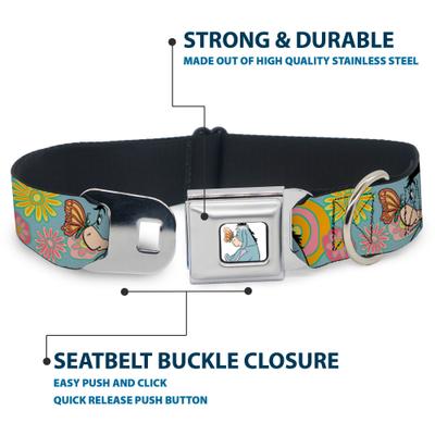 Show full view: Buckle-Down Disney Winnie the Pooh Eeyore Butterfly Pose Floral Collage Metal Seatbelt Buckle Polyster Dog Collar, Blue, Small: 9.5 to 13-in neck, 1-in wide slide 4 of 9