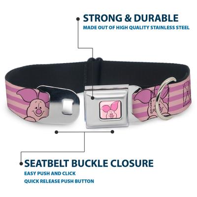 Show full view: Buckle-Down Disney Winnie the Pooh Piglet Expression Close Up Stripe Metal Seatbelt Buckle Polyster Dog Collar, Pink, Medium: 11 to 16.5-in neck, 1-in wide slide 4 of 9