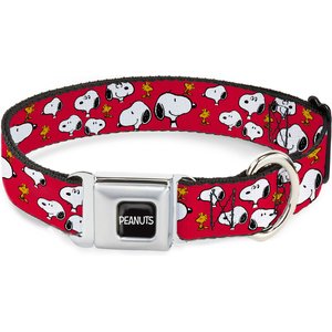 Buckle-Down Peanuts Snoopy & Woodstock Poses Scattered Metal Seatbelt Buckle Polyster Dog Collar, Red, Medium: 11 to 16.5-in neck, 1-in wide