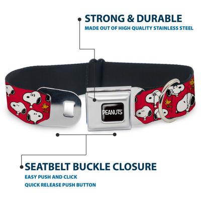 Show full view: Buckle-Down Peanuts Snoopy & Woodstock Poses Scattered Metal Seatbelt Buckle Polyster Dog Collar, Red, Large: 15 to 24-in neck, 1-in wide slide 4 of 9