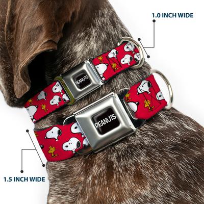 Show full view: Buckle-Down Peanuts Snoopy & Woodstock Poses Scattered Metal Seatbelt Buckle Polyster Dog Collar, Red, Large: 15 to 24-in neck, 1-in wide slide 2 of 9