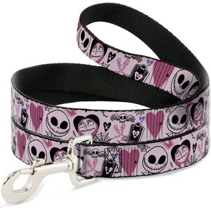 Buckle-Down Disney The Nightmare Before Christmas Jack & Sally Doodles Polyester Dog Leash, Pink, 4-ft long, 1-in wide