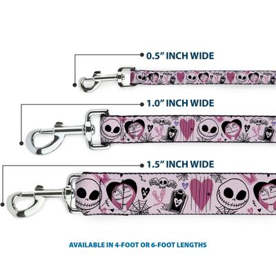 Show full view: Buckle-Down Disney The Nightmare Before Christmas Jack & Sally Doodles Polyester Dog Leash, Pink, 4-ft long, 1-in wide slide 3 of 6
