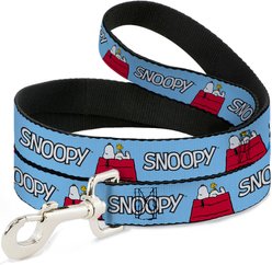 Buckle-Down Peanuts Snoopy & Woodstock Dog House Pose & Text Polyester Dog Leash, Sky Blue, 4-ft long, 1-in wide
