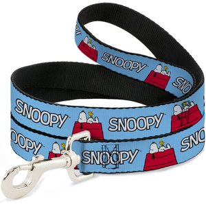 Buckle-Down Peanuts Snoopy & Woodstock Dog House Pose & Text Polyester Dog Leash, Sky Blue, 4-ft long, 1-in wide