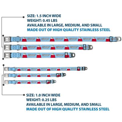 Show full view: Buckle-Down Peanuts Worldwide LLC Snoopy & Woodstock Dog House Metal Seatbelt Buckle Dog Collar, Sky Blue, Large: 15 to 24-in neck, 1-in wide slide 4 of 10