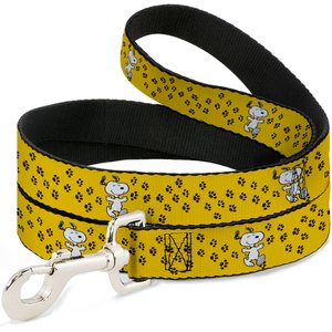 Buckle-Down Peanuts Snoopy Smiling Pose Paw Print Polyester Dog Leash, Yellow/Black/White, 4-ft Long, 1-in wide