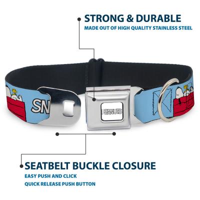 Show full view: Buckle-Down Peanuts Worldwide LLC Snoopy & Woodstock Dog House Metal Seatbelt Buckle Dog Collar, Sky Blue, Large: 15 to 24-in neck, 1-in wide slide 5 of 10