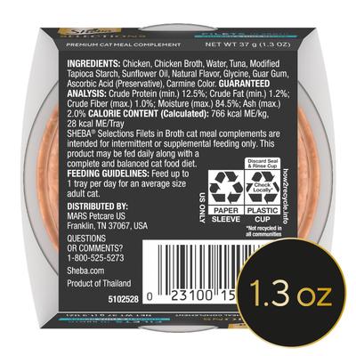 Show full view: Sheba Selections Filets in Broth Chicken & Tuna Recipe Grain-Free Cat Meal Complement, 1.3-oz tray, case of 12 slide 3 of 11