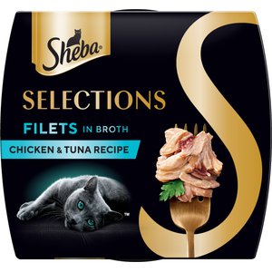 Sheba Selections Filets in Broth Chicken & Tuna Recipe Grain-Free Cat Meal Complement, 1.3-oz tray, case of 12