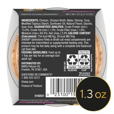 Show full view: Sheba Selections Filets in Broth Chicken & Shrimp Recipe Grain-Free Cat Meal Complement, 1.3-oz tray, case of 12 slide 3 of 11